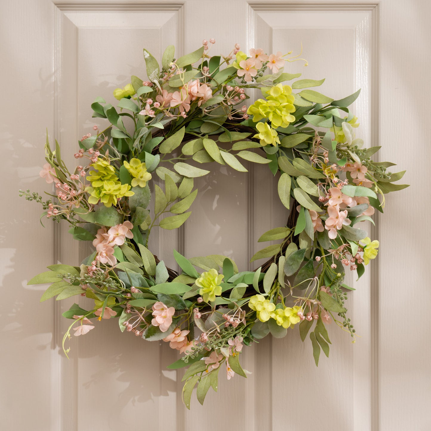 Scottish Everlastings Artificial 50cm Pink & Green Hydrangea Wreath - main product image