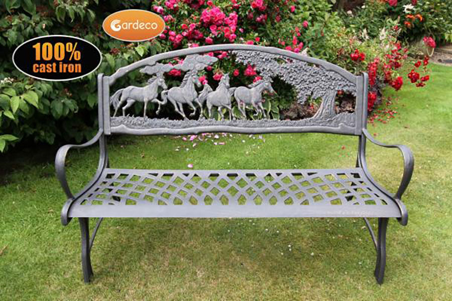 100% cast iron bench with horses and tree - main product image