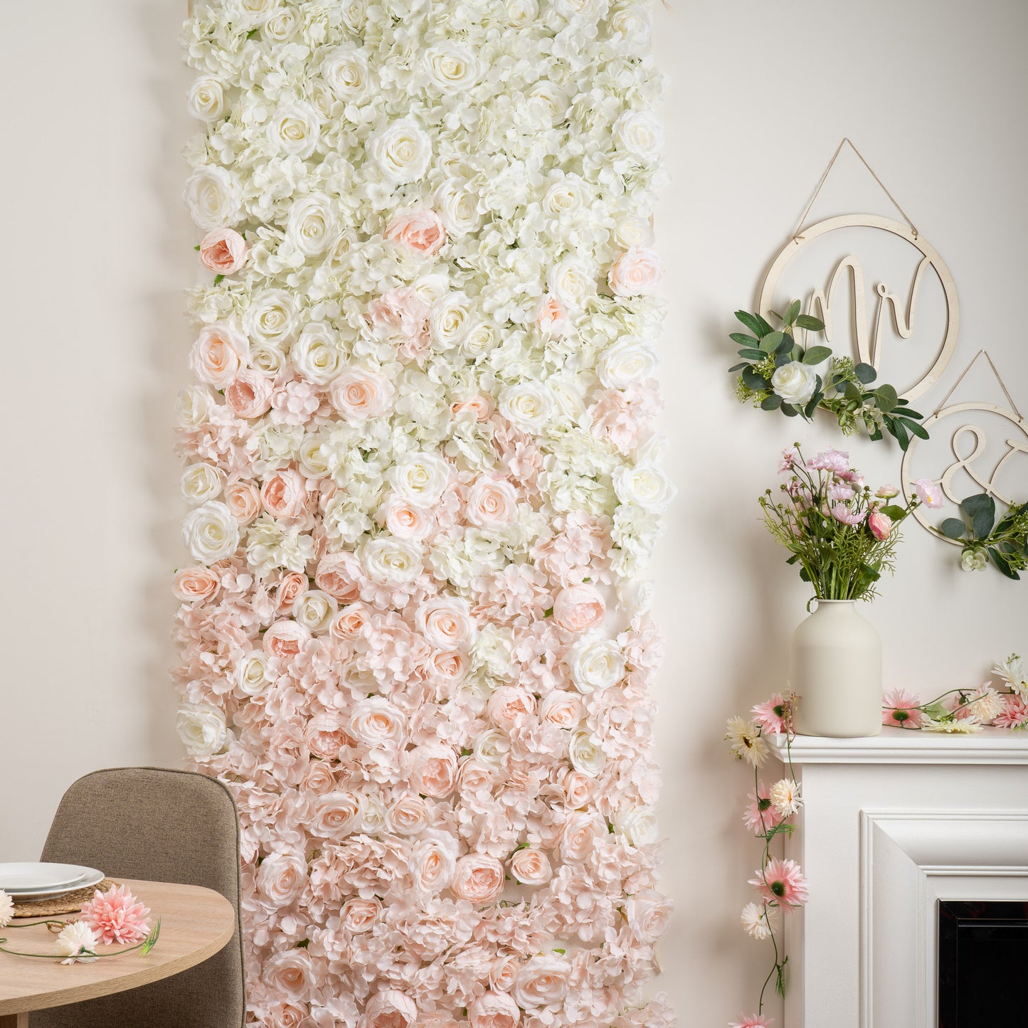 Scottish Everlastings 80X220cm Artificial Pink/White Ombre Flower Wall Backdrop - main product image