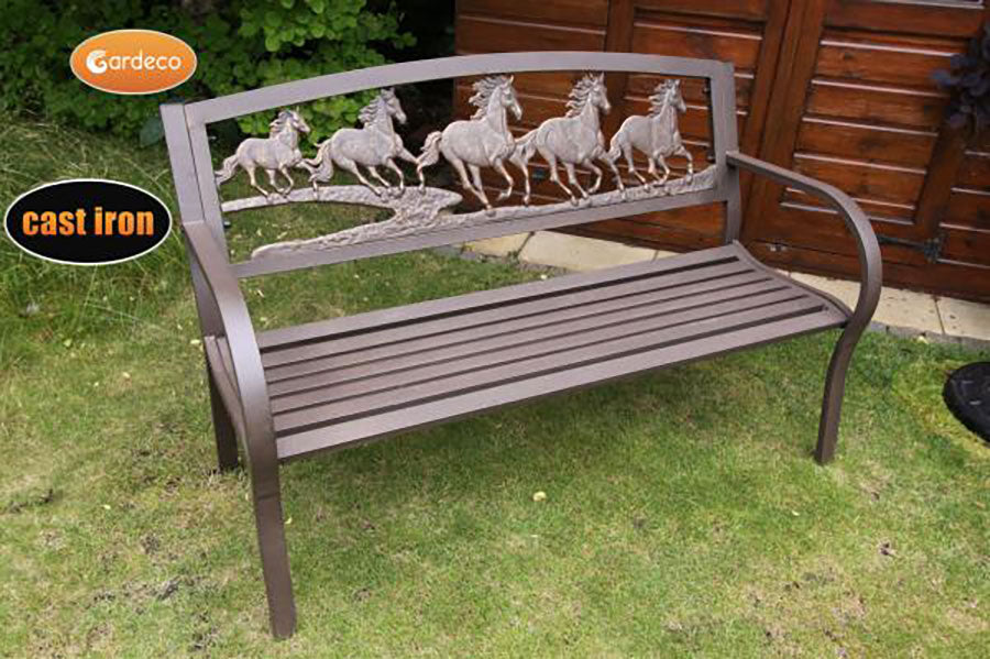 Steel framed cast iron bench with running horses - main product image