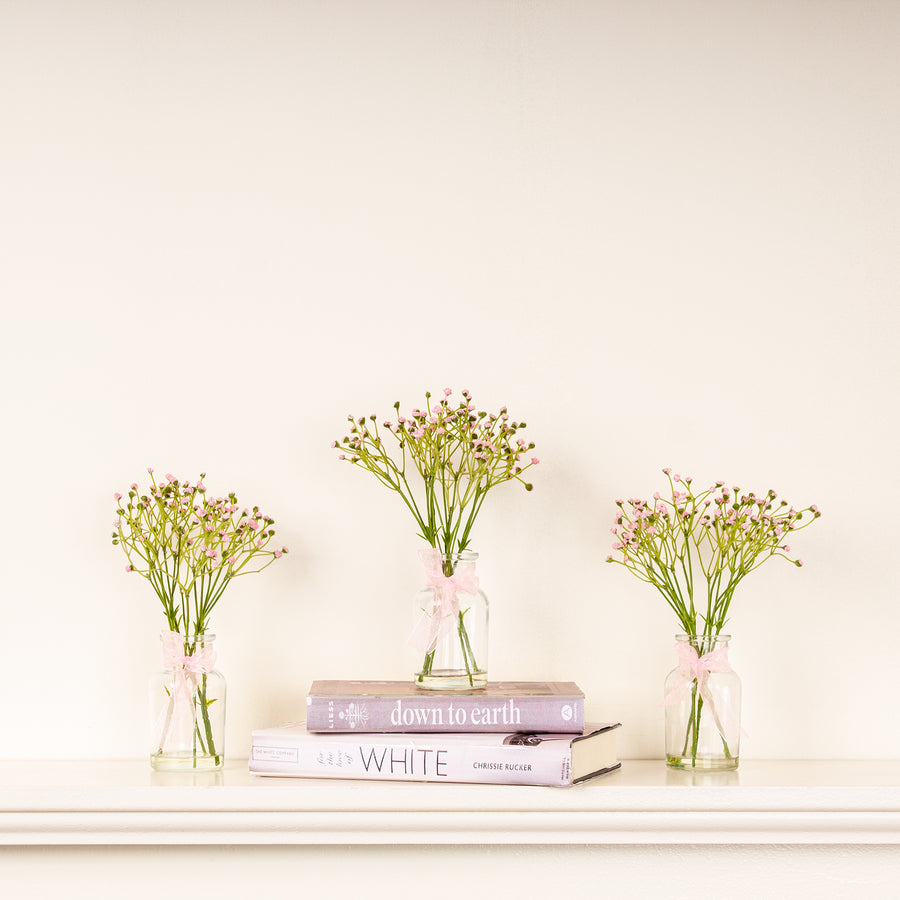 Scottish Everlastings Artificial Set of 3 Pink Gypsophila in Glass Bottle - main product image