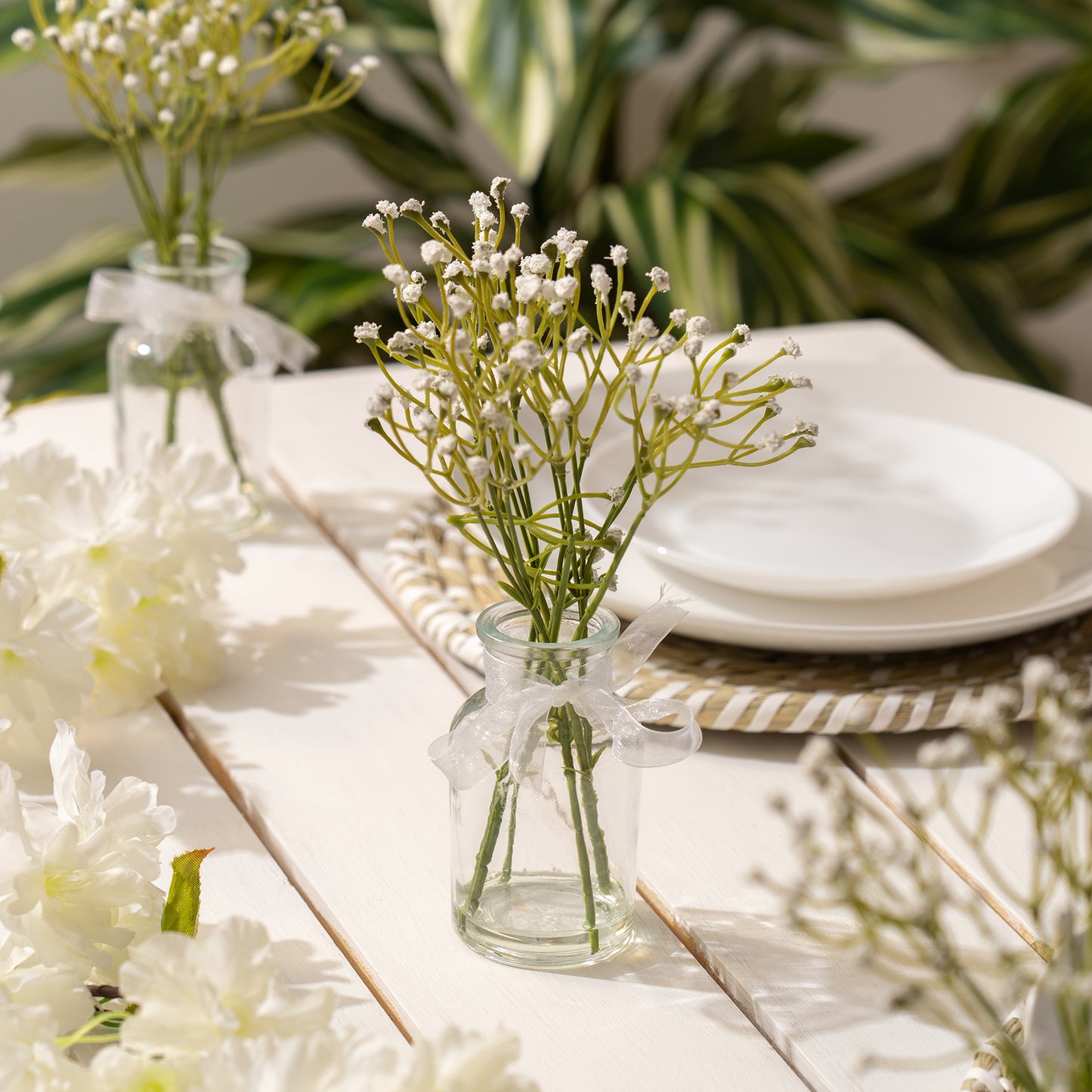 Scottish Everlastings Artificial Set of 3 White Gypsophila in Glass Bottle - main product image