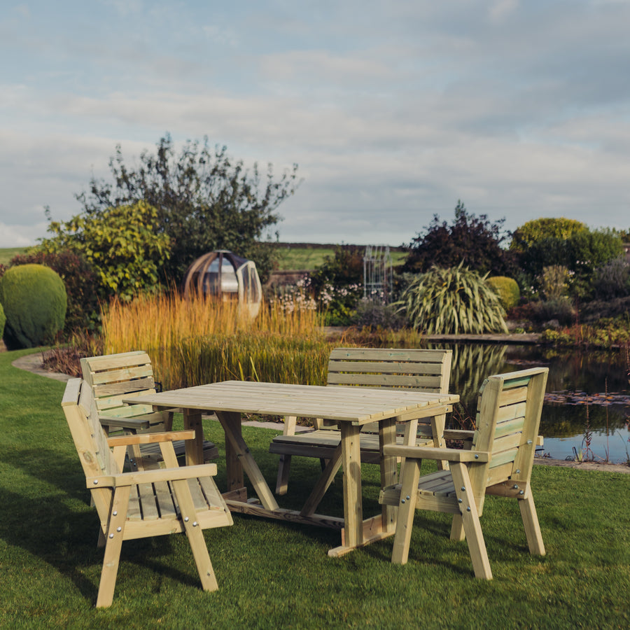 Churnet Valley 6 Seat Clover Garden Patio Dining Set with 2 Benches - main product image
