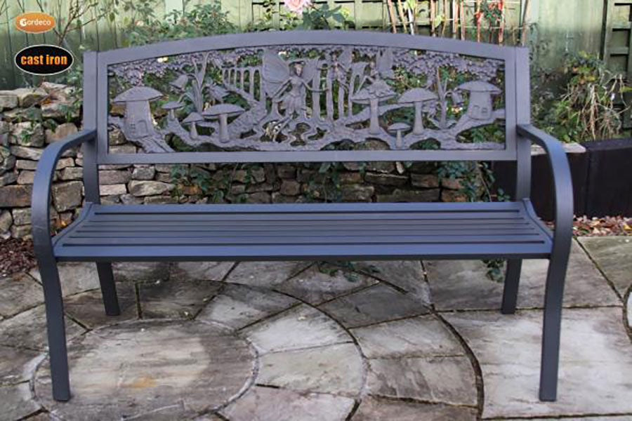 Steel framed cast iron bench with fairies - main product image