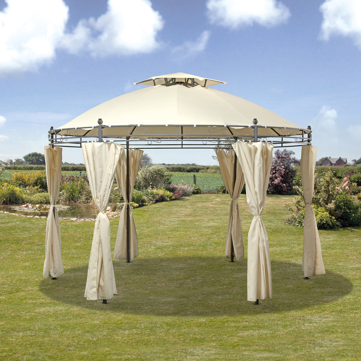 Pg00970 Alicante 3.5m Steel Ecru Round Garden Gazebo – Gardens & Homes