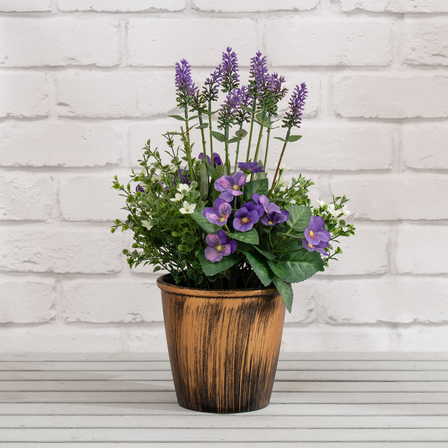 Scottish Everlastings Artificial 41cm Mixed Lavender & Pansy in Wood Effect Pot - main product image