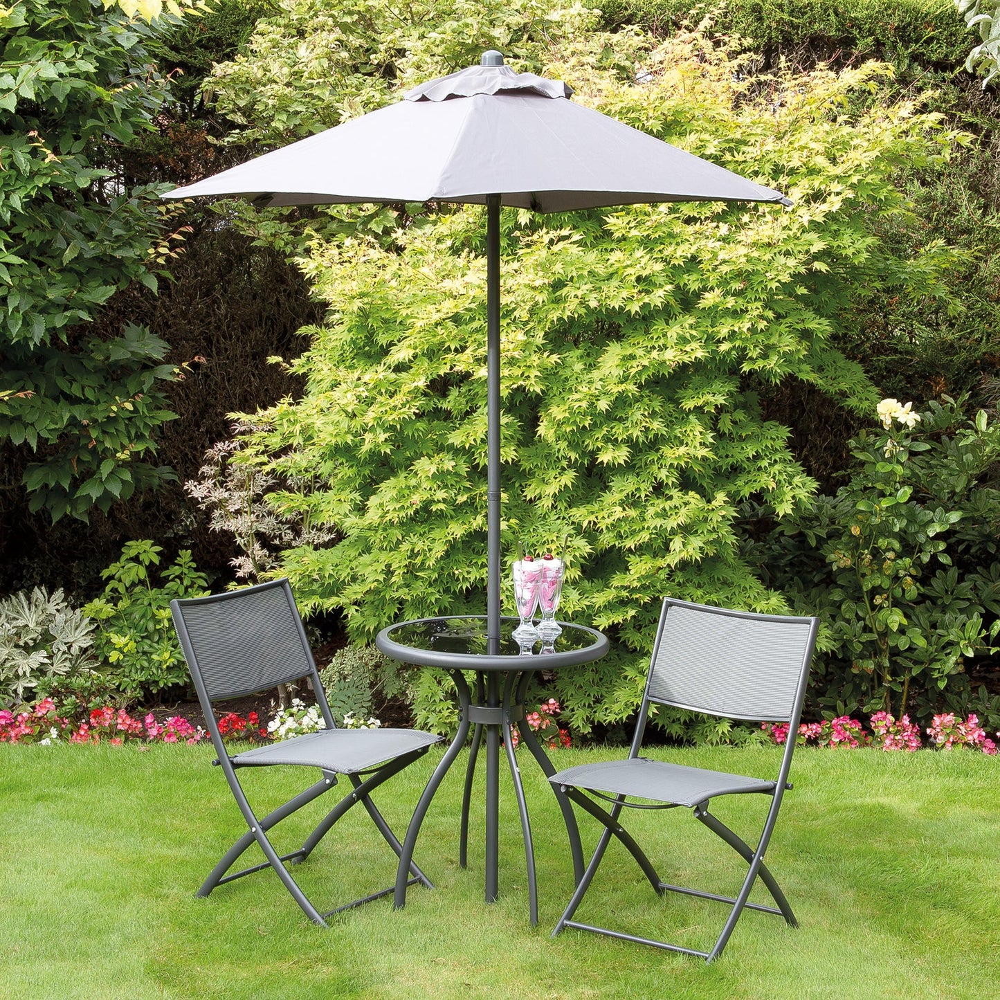 Suntime Havana Charcoal Steel 60cm Bistro Set with Folding Chairs & Parasol - main product image